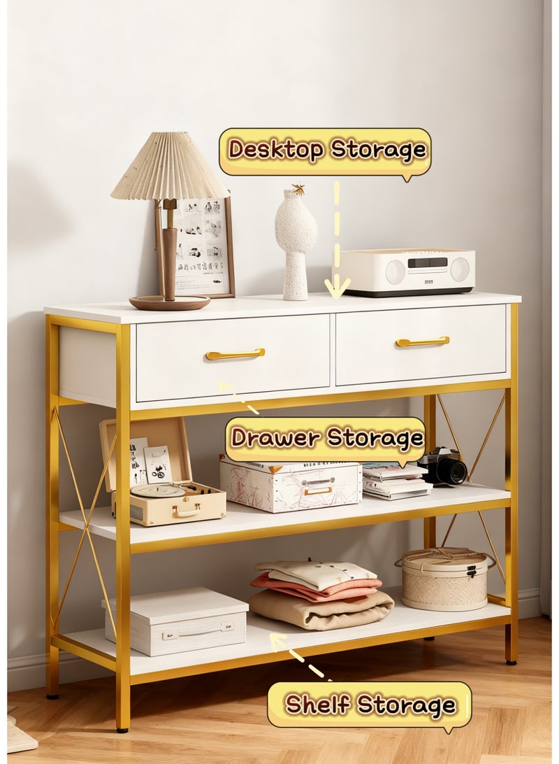 Entryway Table, Console Table with 2 Drawers, Sofa Table Narrow Long with Storage Shelves for Living Room, Couch, Hallway, Foyer, White and Golden (BJ100) - Image 2